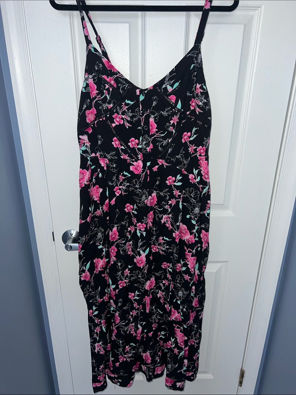 Black Floral Midi Dress with Pink and Teal flowers
